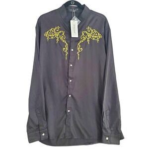 ZEROYAA Mens Luxury Gold Embroidery Design Slim Fit Long Sleeve Button Size XXL